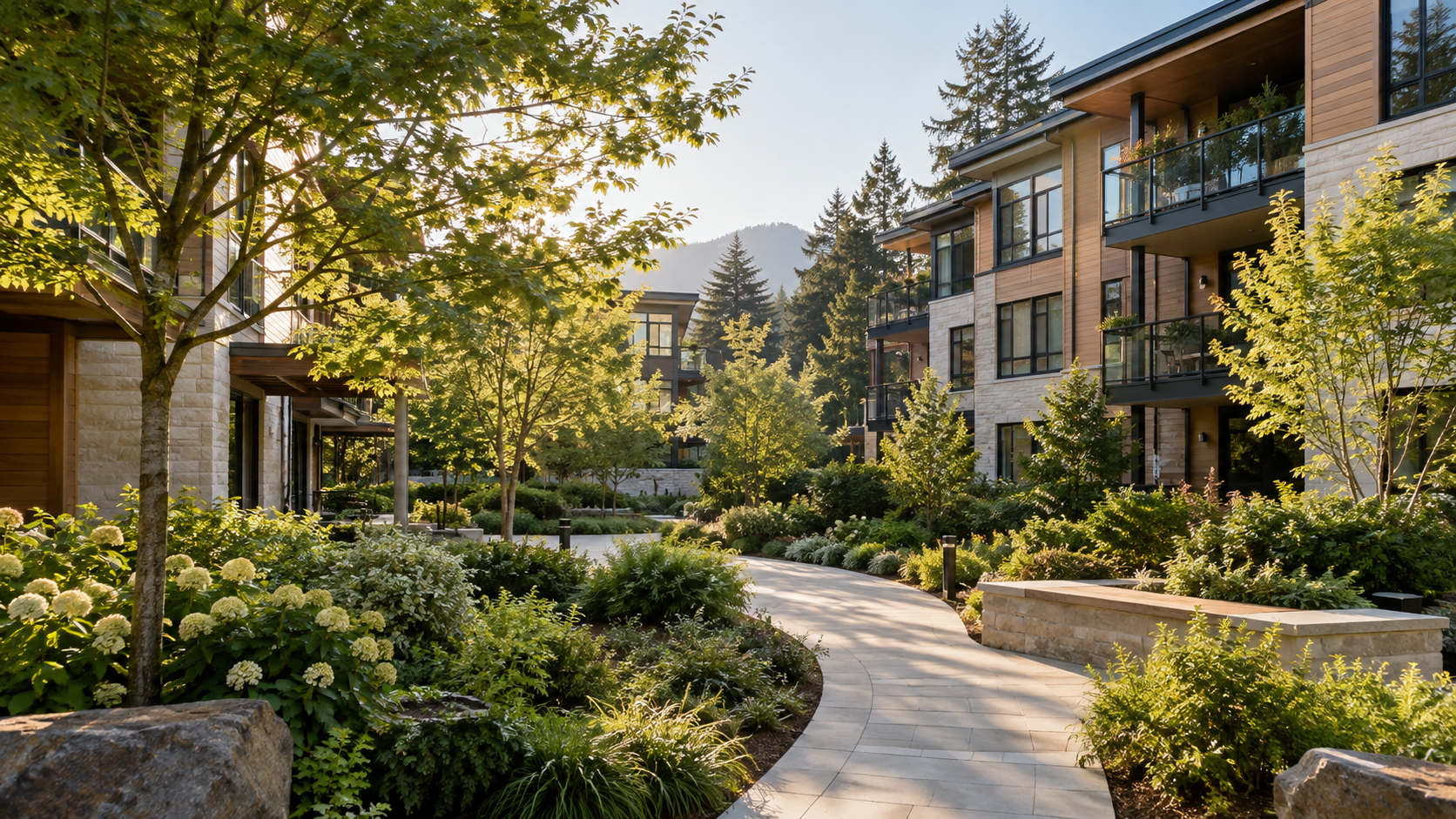 Illustration of a landscaped residential courtyard with timber-clad homes